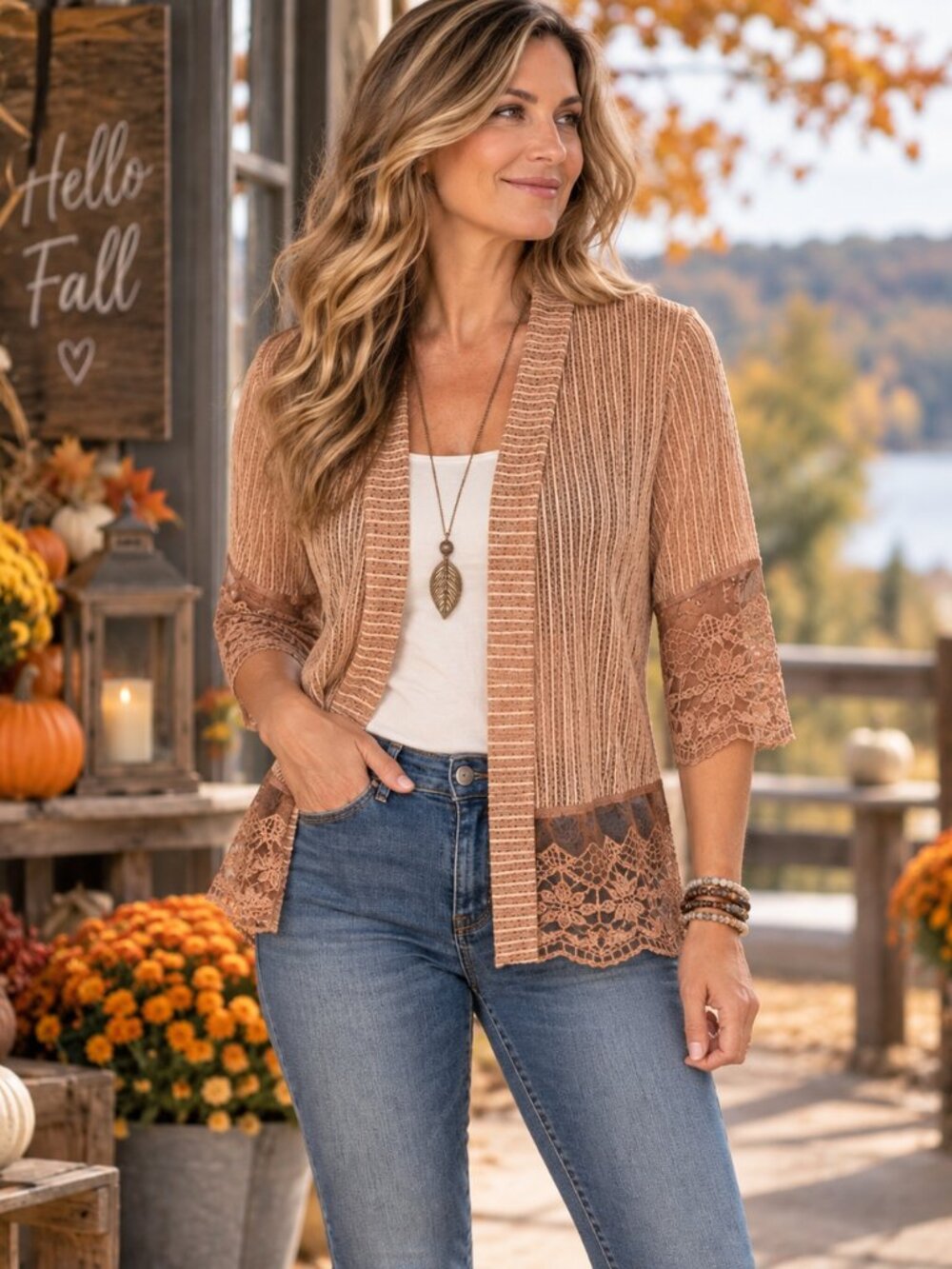 Lightweight Sheer Open Front Lacy Cardigan 3/4 Sleeves Copper Brown Size Small